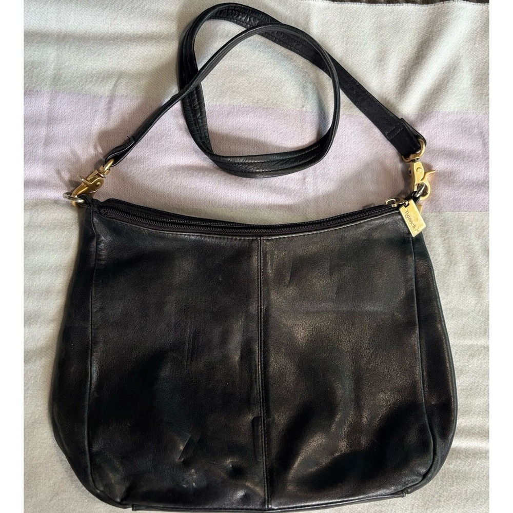 Tignanello Black Soft Leather‎ Shoulder Bag/ Purse Remov Strap Logo Zip/Snap